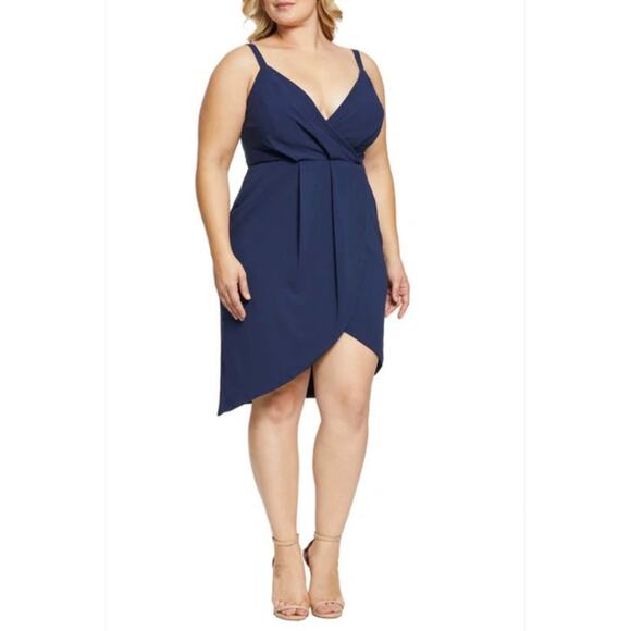 Dress the Population Dresses & Skirts - Dress the Population Women's Cocktail Dress Size 1X Navy Blue Sheath Wrap Mini